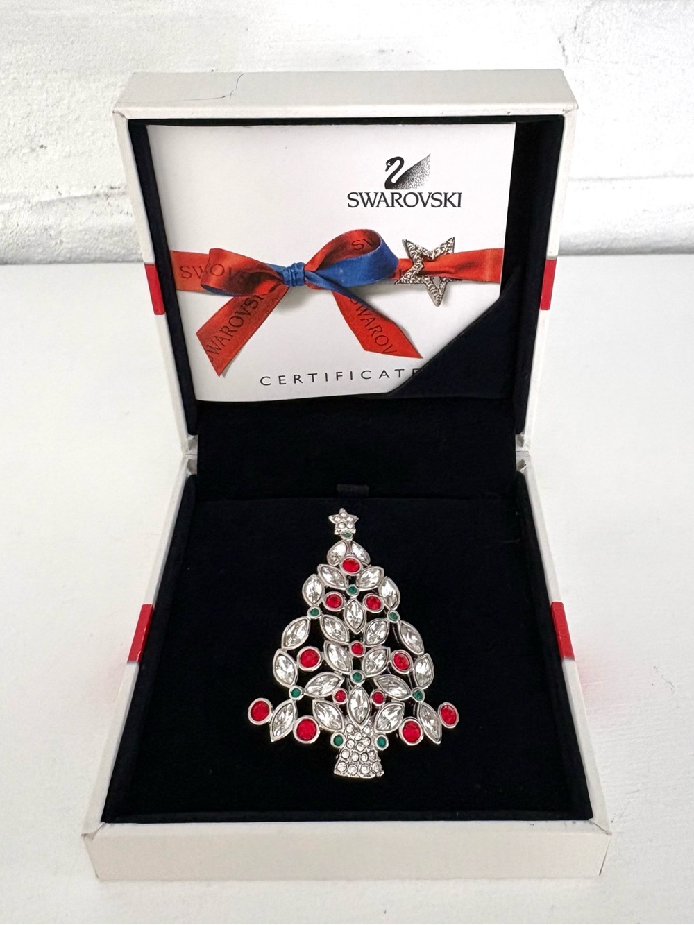 Swarovski Silver-Tone Christmas Tree Vintage 2002 Brooch Pin Red Green Crystals